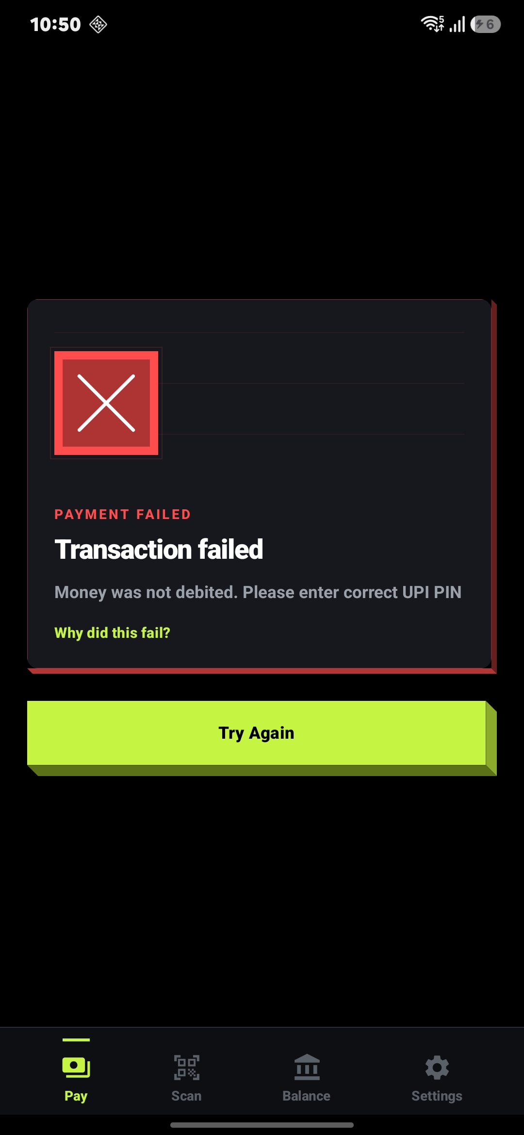 OffPay payment failed screen